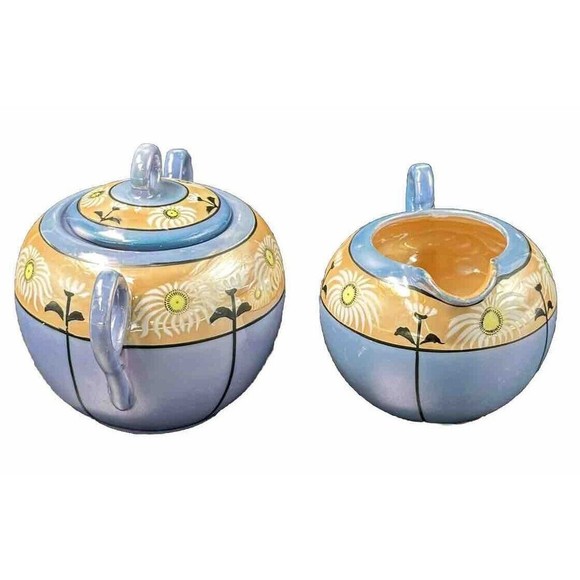 Vtg Lusterware Iridescent Hand Painted Floral Creamer and Sugar with Lid Japan - Picture 2 of 8